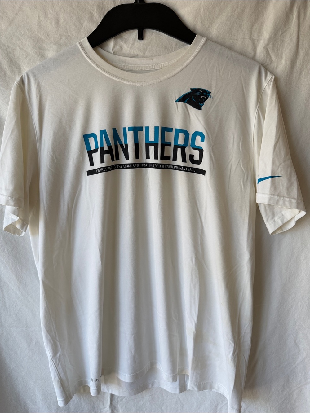 Nike White Carolina Panthers NFL Equipment Tee with Blue and Black Logo